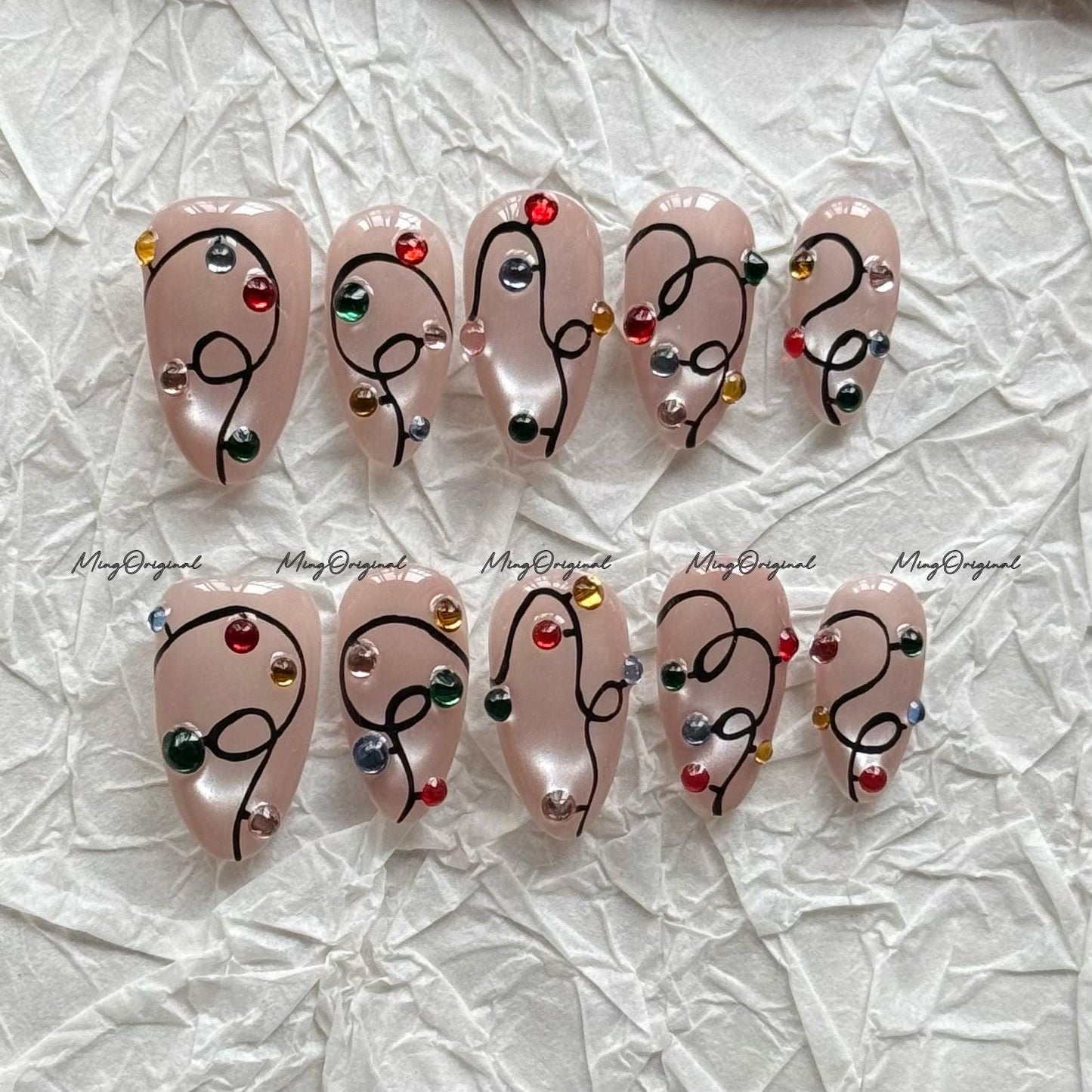 Christmas string lights rhinestone with press on nails, cat eye nail, jelly fake nail, New Year nail, Squiggly Line Nail,MO718