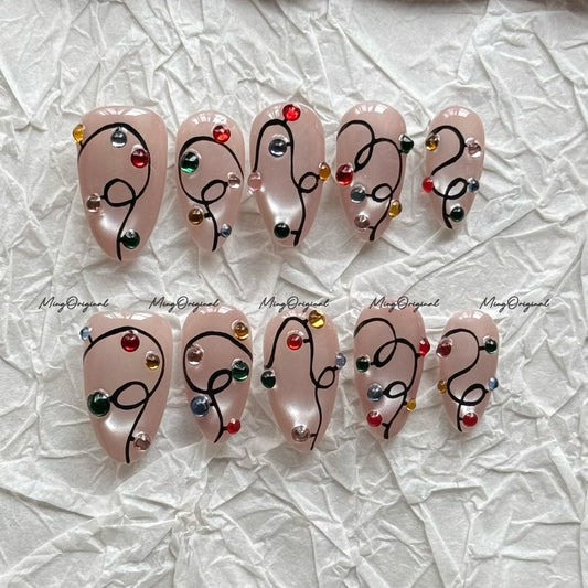 Christmas string lights rhinestone with press on nails, cat eye nail, jelly fake nail, New Year nail, Squiggly Line Nail,MO718