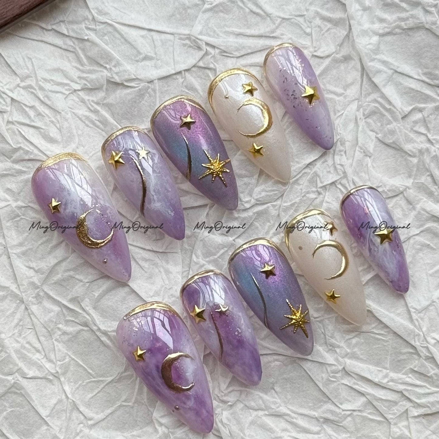 Celestial press-on nails, purple moon and star nail art, gold accents handmade cosmic manicure, gift for her,MO719