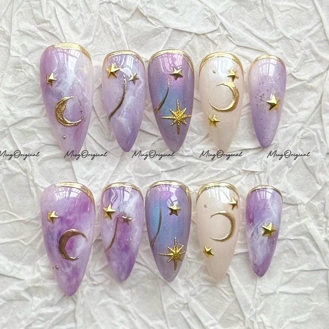 Celestial press-on nails, purple moon and star nail art, gold accents handmade cosmic manicure, gift for her,MO719