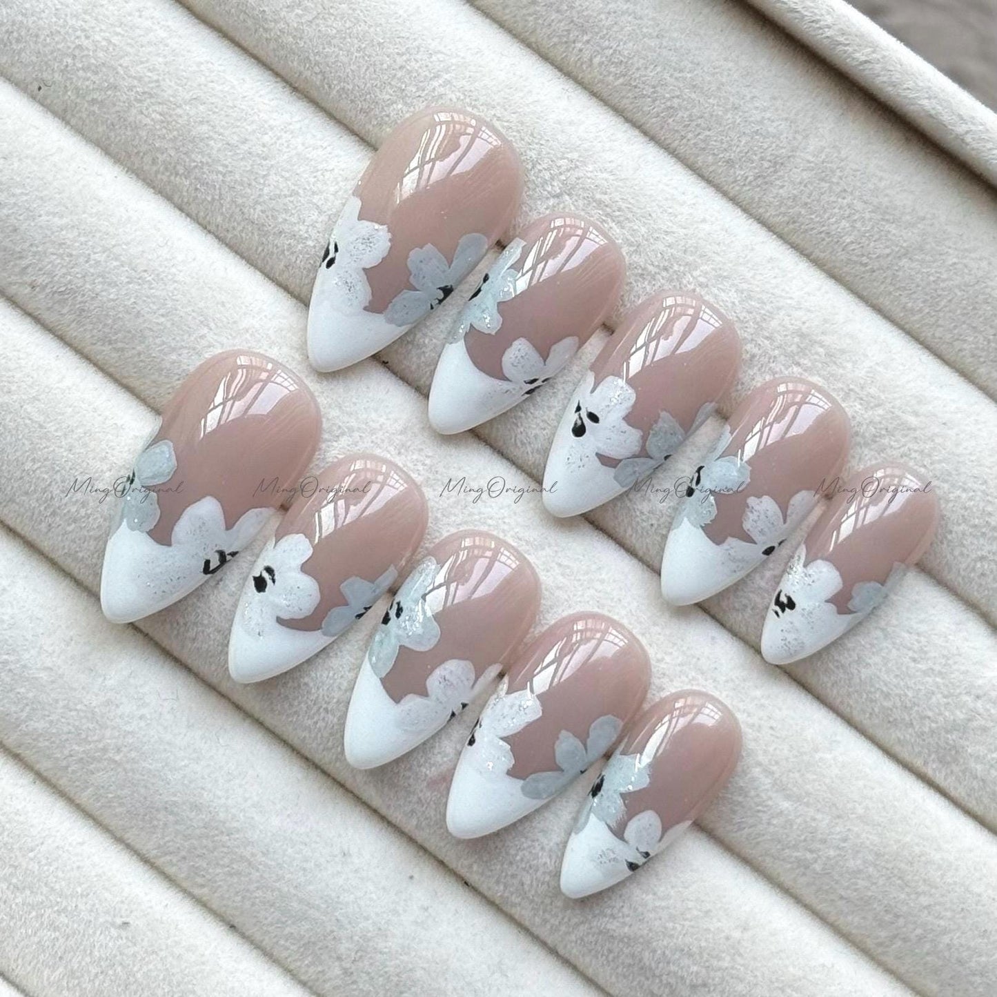 Snowy Blue Floral Press on Nails, French Tip Nails, Nude Nails, Blue and White Petal, Misty Winter Bloom, Handmade Bridal Nail, MO741
