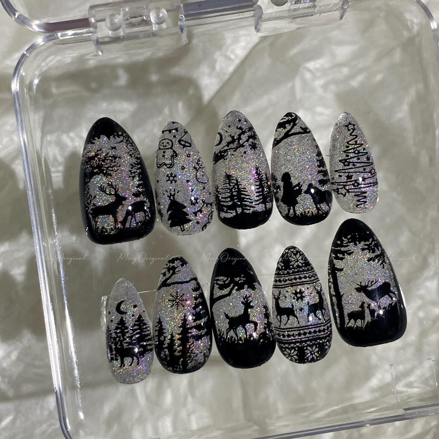 Christmas Rainbow Black Stained Glass Window Glittery press on nails, Sparkling Cat Eye, Retro Shadow Girl and Deer hand painted nail, MO720