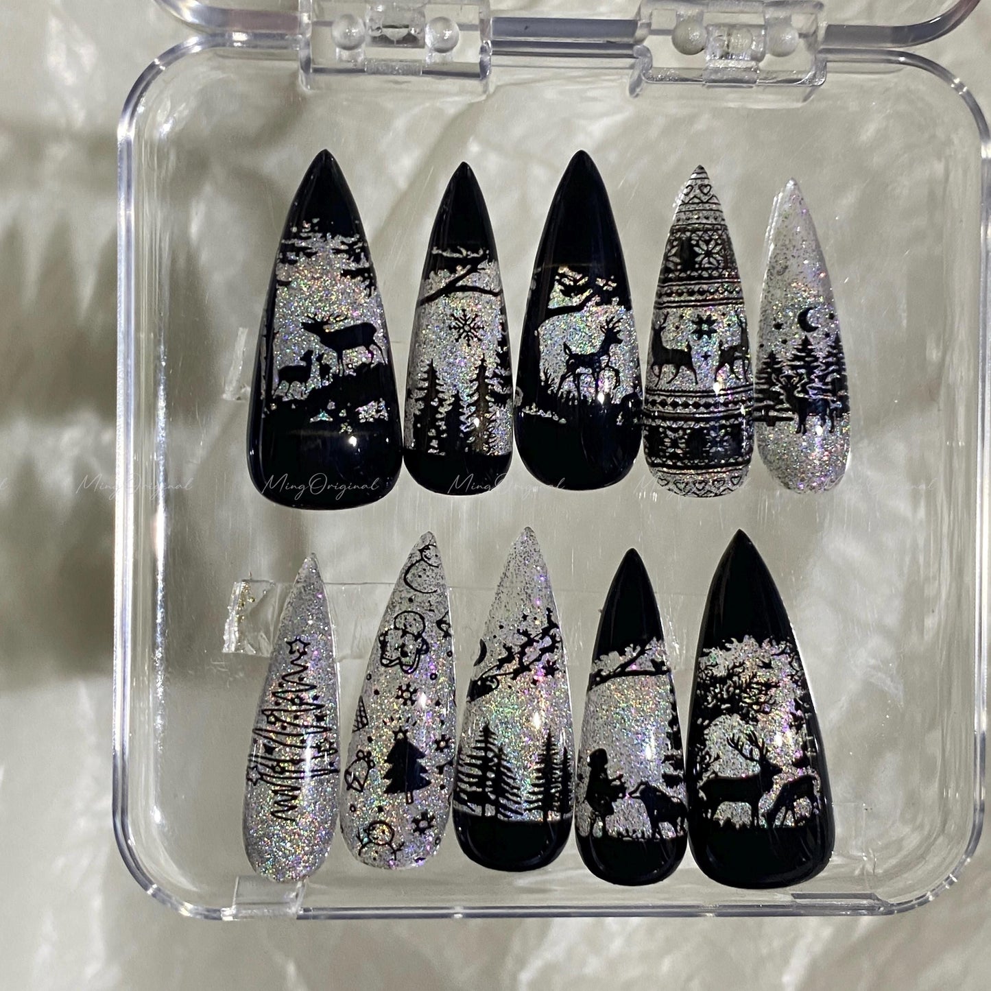 Christmas Rainbow Black Stained Glass Window Glittery press on nails, Sparkling Cat Eye, Retro Shadow Girl and Deer hand painted nail, MO720
