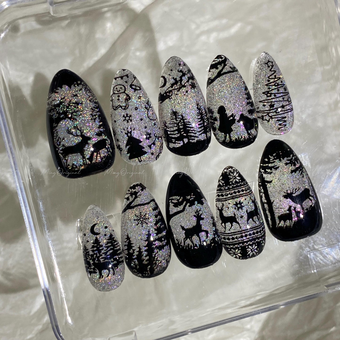 Christmas Rainbow Black Stained Glass Window Glittery press on nails, Sparkling Cat Eye, Retro Shadow Girl and Deer hand painted nail, MO720