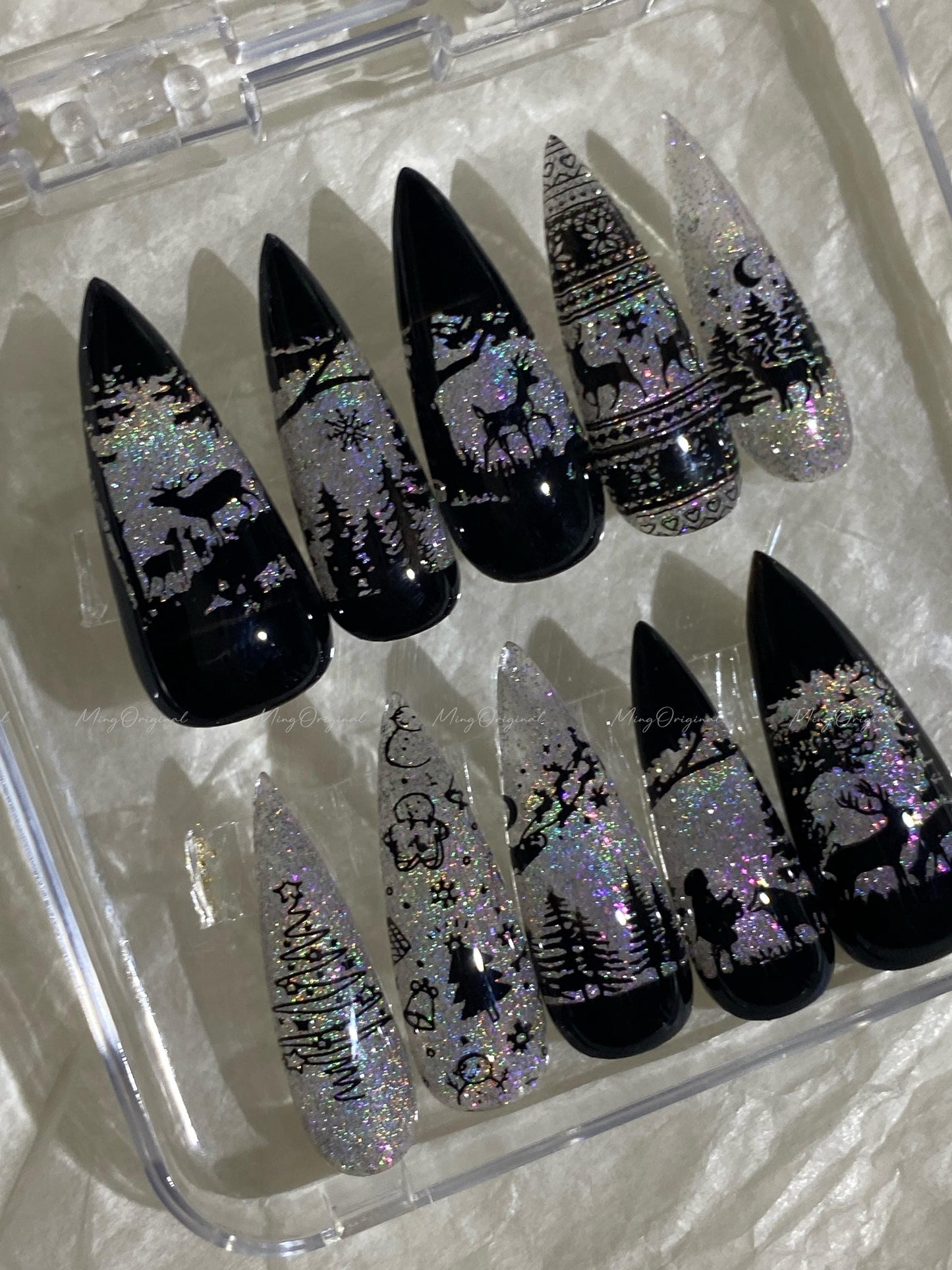 Christmas Rainbow Black Stained Glass Window Glittery press on nails, Sparkling Cat Eye, Retro Shadow Girl and Deer hand painted nail, MO720