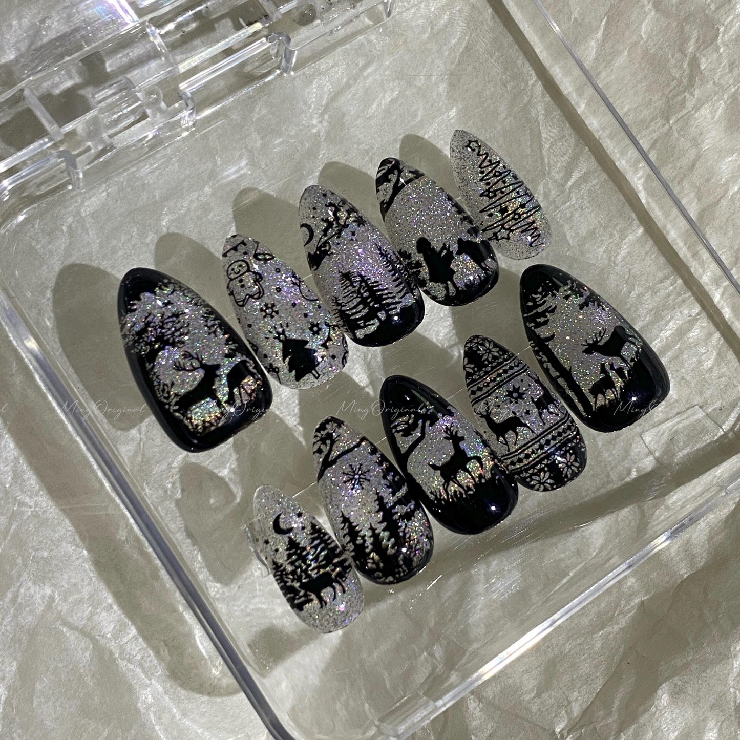 Christmas Rainbow Black Stained Glass Window Glittery press on nails, Sparkling Cat Eye, Retro Shadow Girl and Deer hand painted nail, MO720