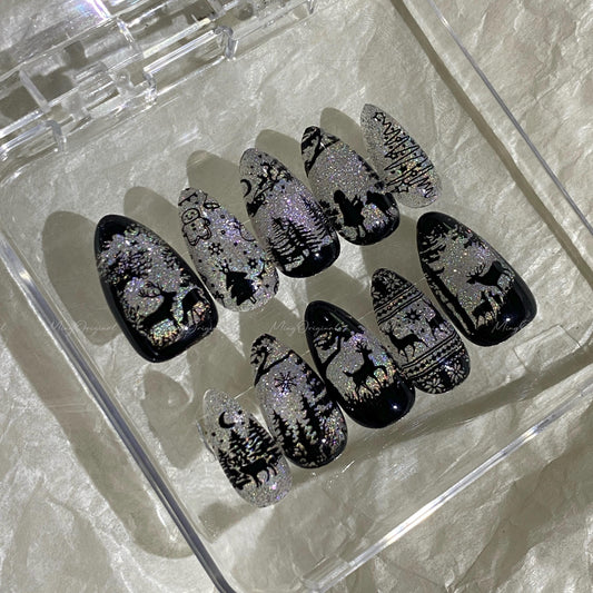 Christmas Rainbow Black Stained Glass Window Glittery press on nails, Sparkling Cat Eye, Retro Shadow Girl and Deer hand painted nail, MO720