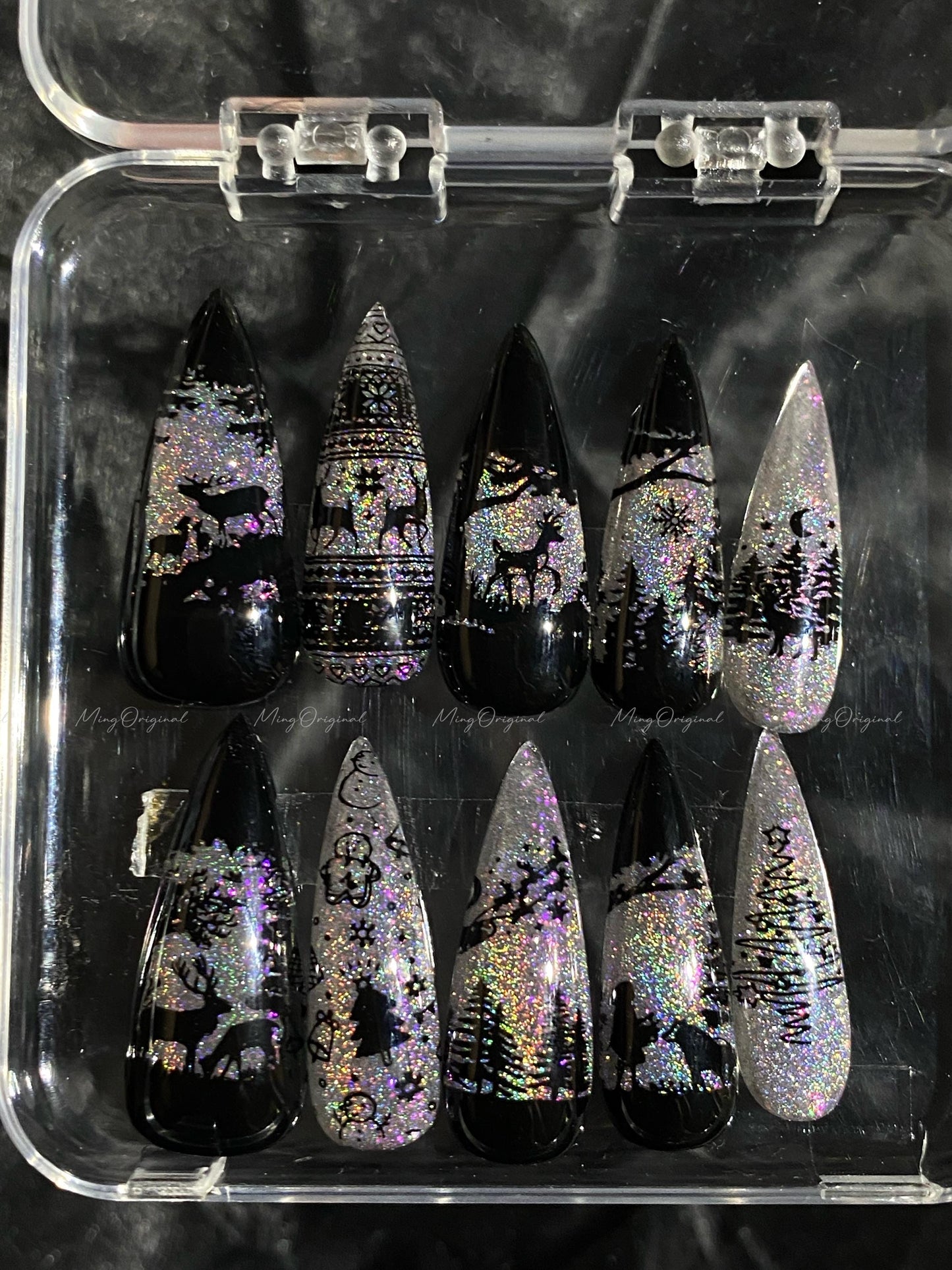 Christmas Rainbow Black Stained Glass Window Glittery press on nails, Sparkling Cat Eye, Retro Shadow Girl and Deer hand painted nail, MO720