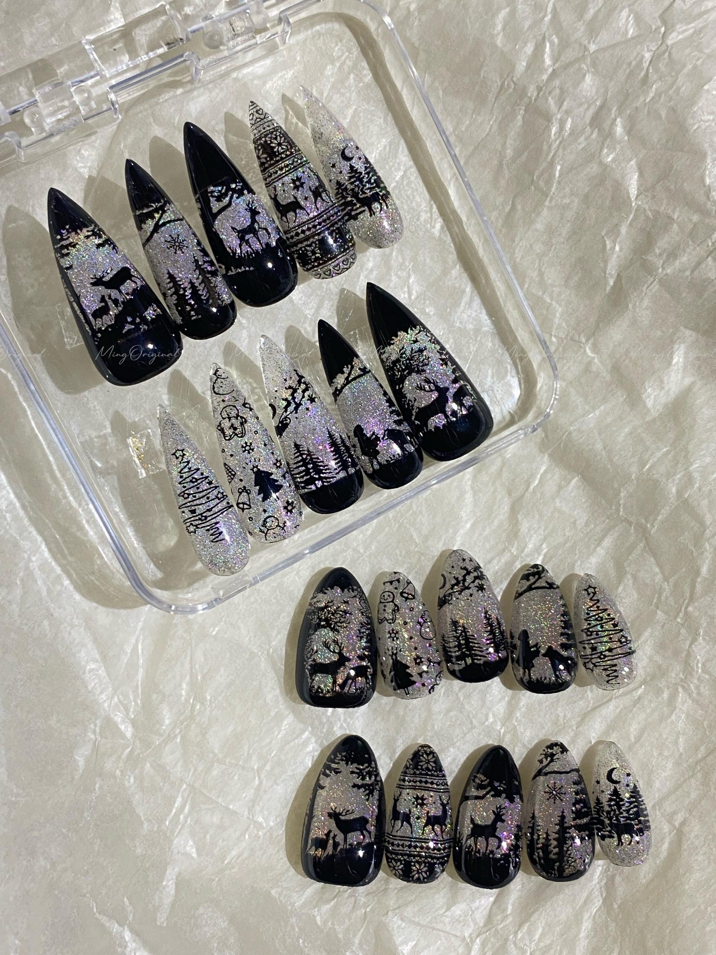 Christmas Rainbow Black Stained Glass Window Glittery press on nails, Sparkling Cat Eye, Retro Shadow Girl and Deer hand painted nail, MO720