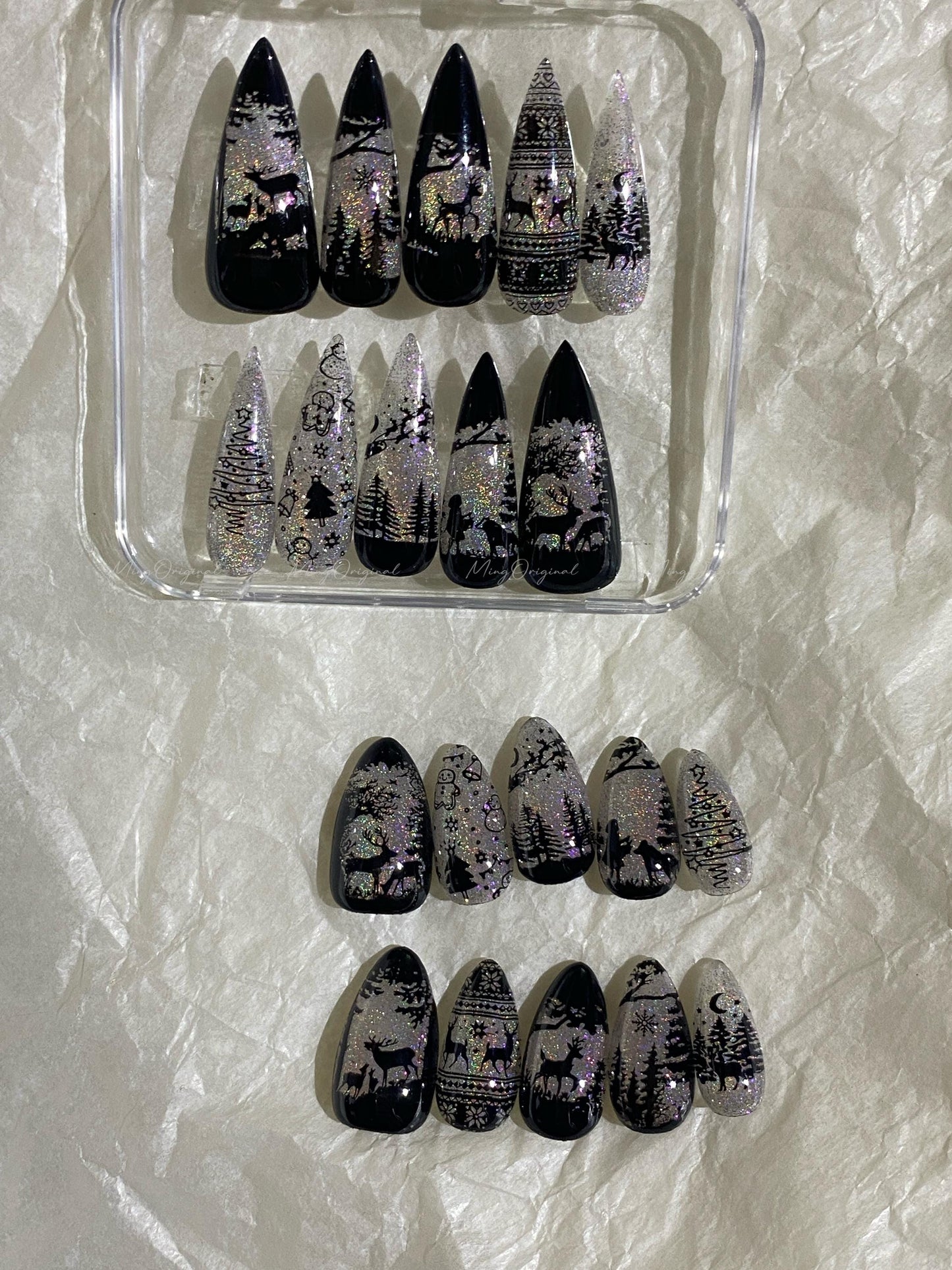 Christmas Rainbow Black Stained Glass Window Glittery press on nails, Sparkling Cat Eye, Retro Shadow Girl and Deer hand painted nail, MO720