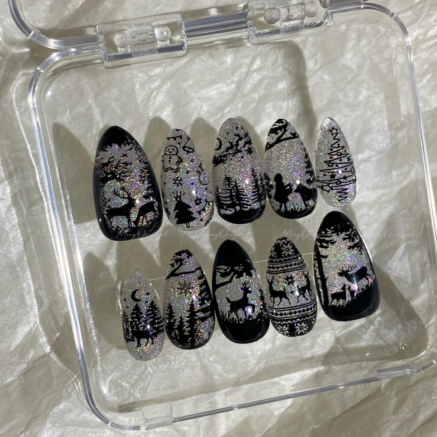 Christmas Rainbow Black Stained Glass Window Glittery press on nails, Sparkling Cat Eye, Retro Shadow Girl and Deer hand painted nail, MO720