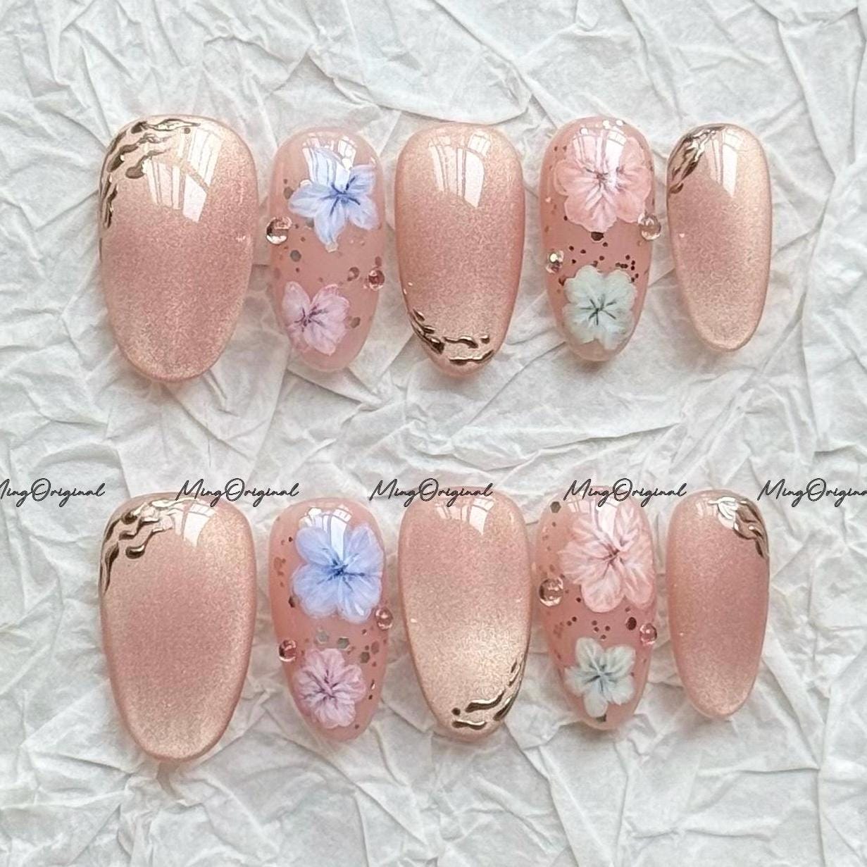 Elegant Pastel Flower Petal Feminine press on nails, Cat Eye and Gold Accents, wedding bridal art nail, reusable nail, gift for her, MO721