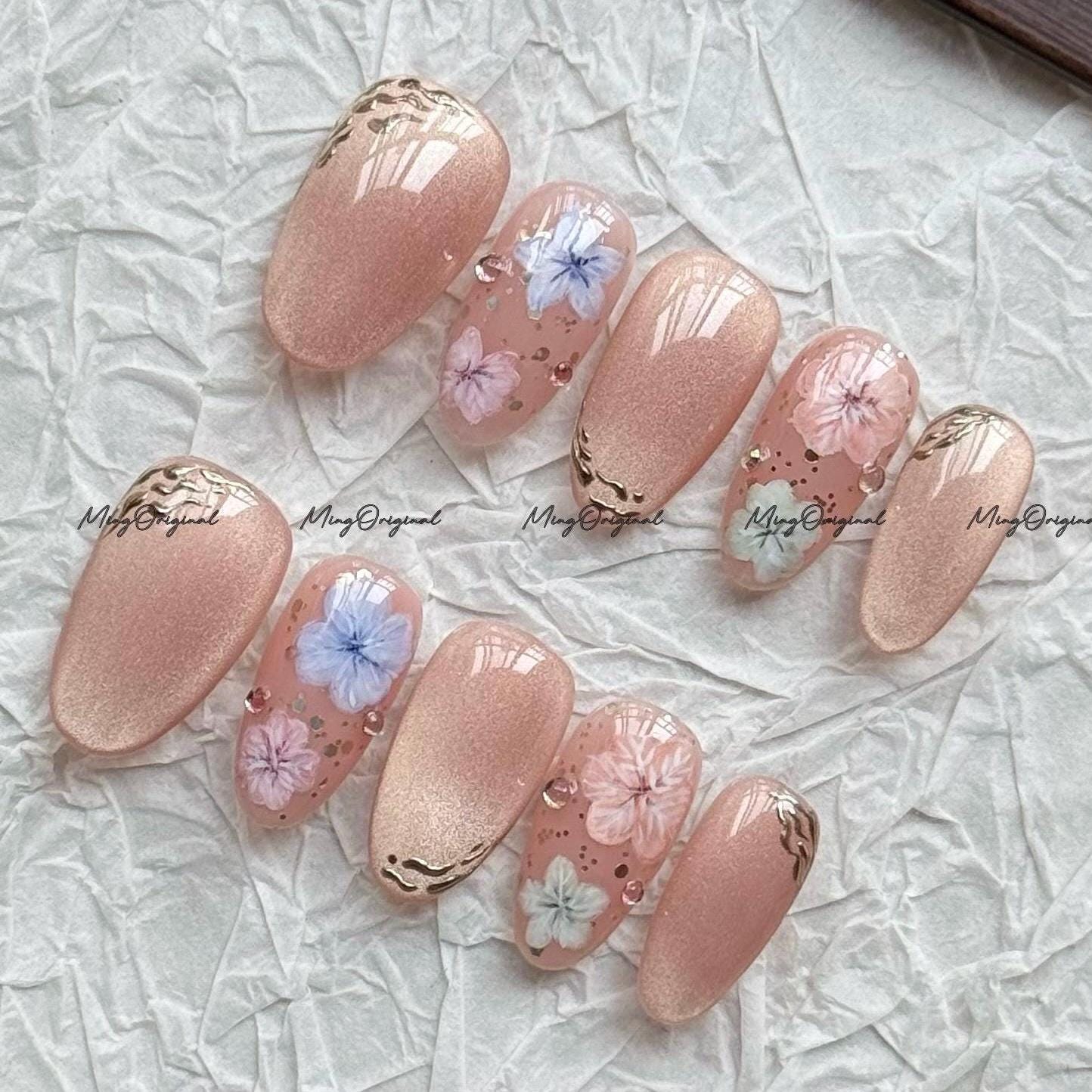 Elegant Pastel Flower Petal Feminine press on nails, Cat Eye and Gold Accents, wedding bridal art nail, reusable nail, gift for her, MO721