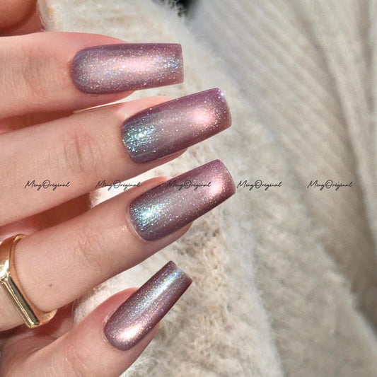 Iridescent purple cat eye press on nails, blue glittery nails, jelly fake nail,sparkly nail, reusable nails, fake nails, MO742