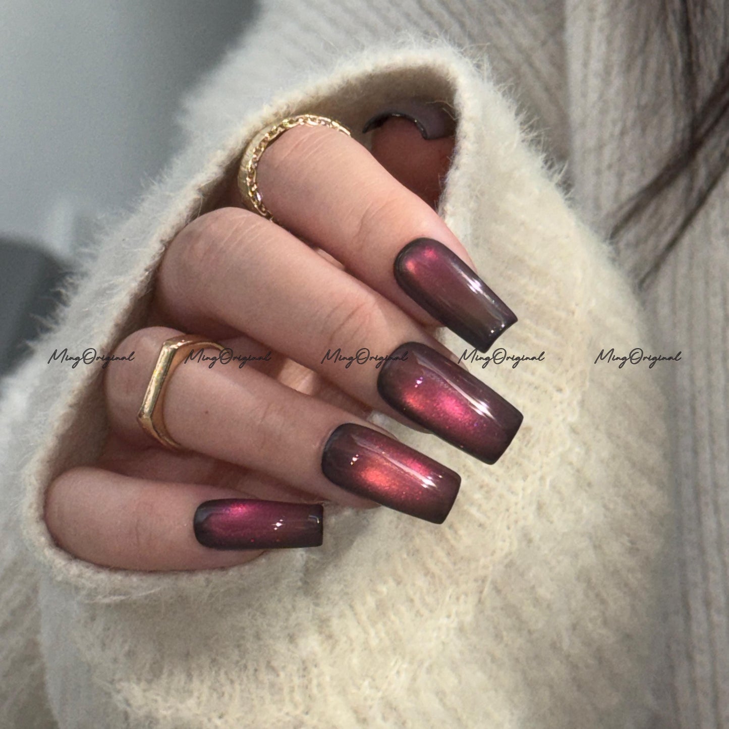 Sunset Color Shifting Press-On Nails, Pink, Orange, Green, Yellow, Gold Gradient Glue on Cat Eye Nails, Black Nails, Reusable Nails, MO743
