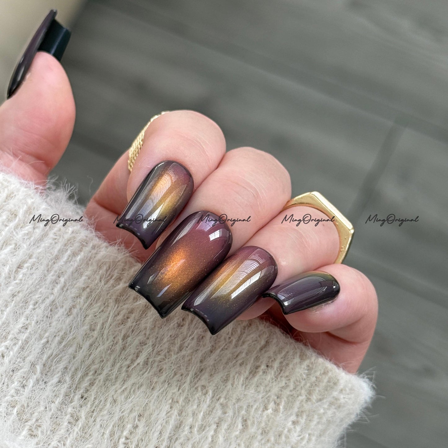 Sunset Color Shifting Press-On Nails, Pink, Orange, Green, Yellow, Gold Gradient Glue on Cat Eye Nails, Black Nails, Reusable Nails, MO743