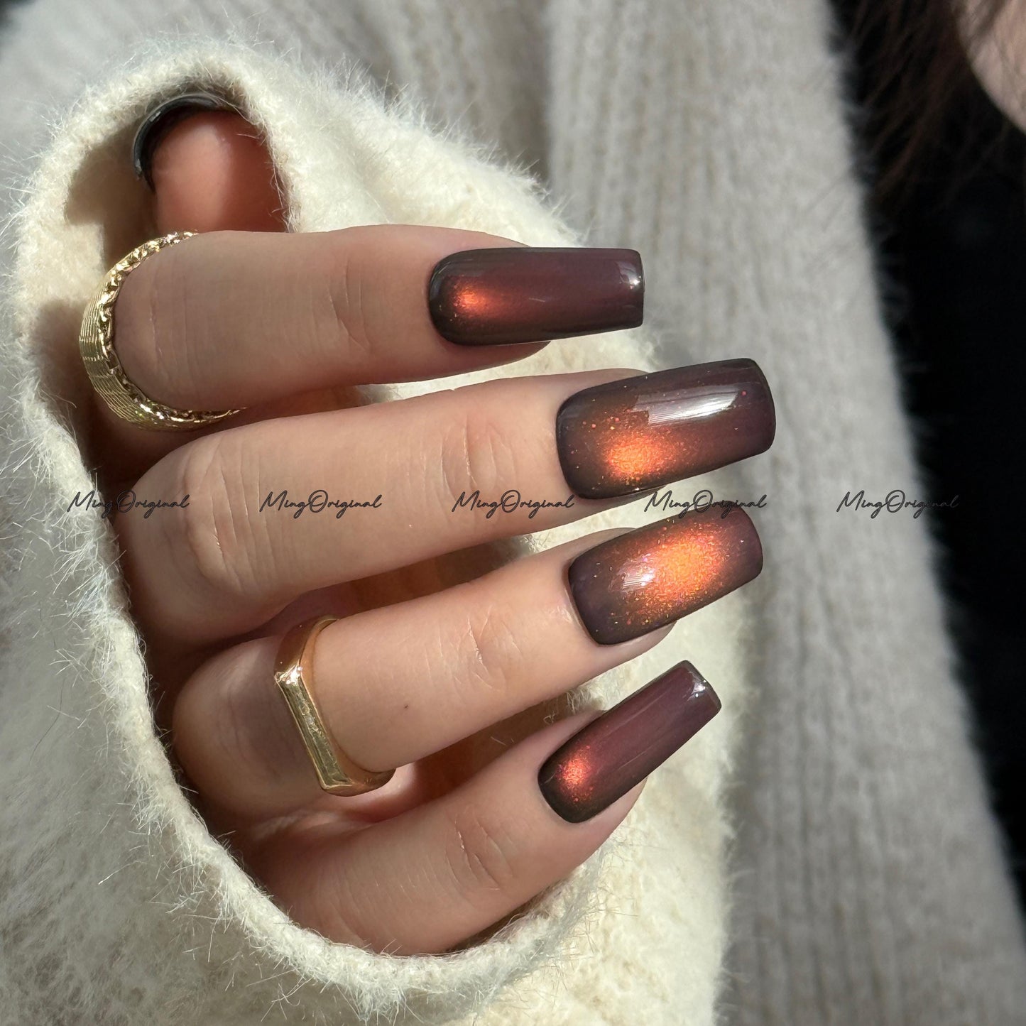 Sunset Color Shifting Press-On Nails, Pink, Orange, Green, Yellow, Gold Gradient Glue on Cat Eye Nails, Black Nails, Reusable Nails, MO743