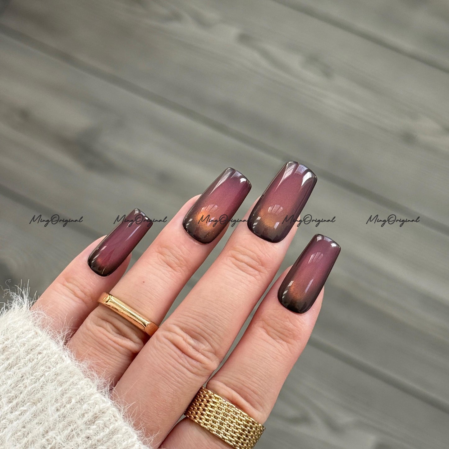Sunset Color Shifting Press-On Nails, Pink, Orange, Green, Yellow, Gold Gradient Glue on Cat Eye Nails, Black Nails, Reusable Nails, MO743