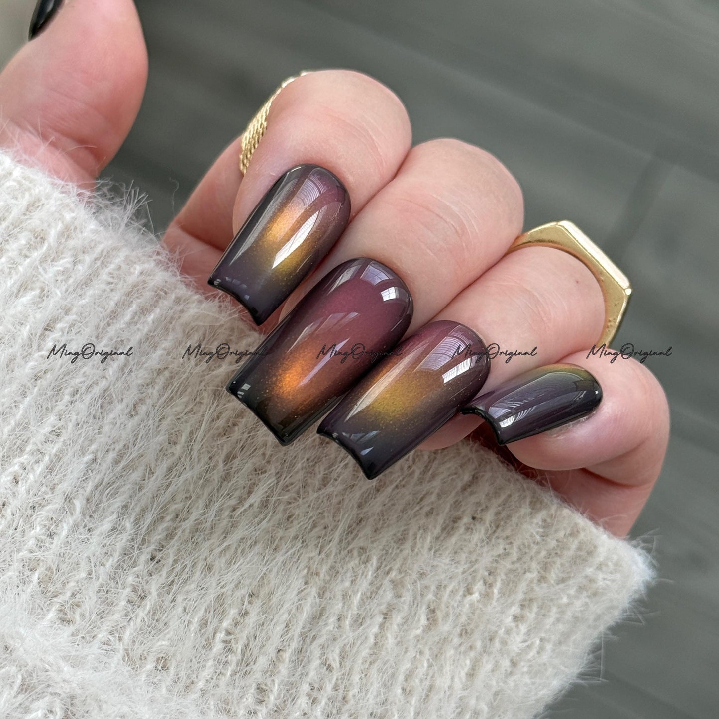 Sunset Color Shifting Press-On Nails, Pink, Orange, Green, Yellow, Gold Gradient Glue on Cat Eye Nails, Black Nails, Reusable Nails, MO743