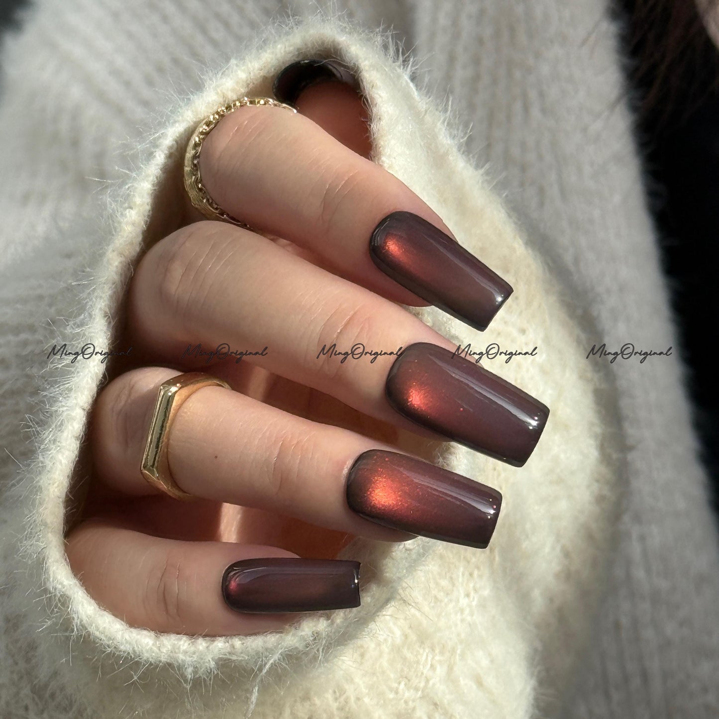 Sunset Color Shifting Press-On Nails, Pink, Orange, Green, Yellow, Gold Gradient Glue on Cat Eye Nails, Black Nails, Reusable Nails, MO743