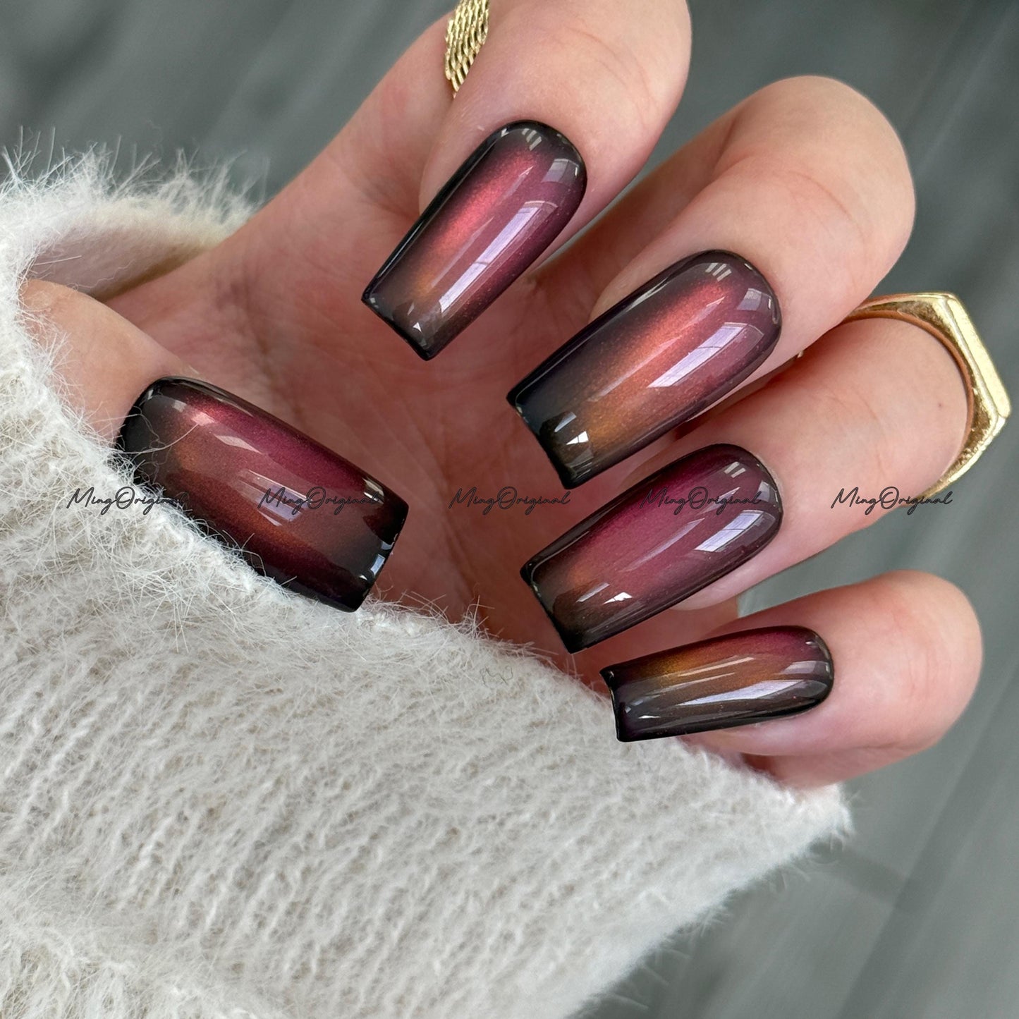 Sunset Color Shifting Press-On Nails, Pink, Orange, Green, Yellow, Gold Gradient Glue on Cat Eye Nails, Black Nails, Reusable Nails, MO743