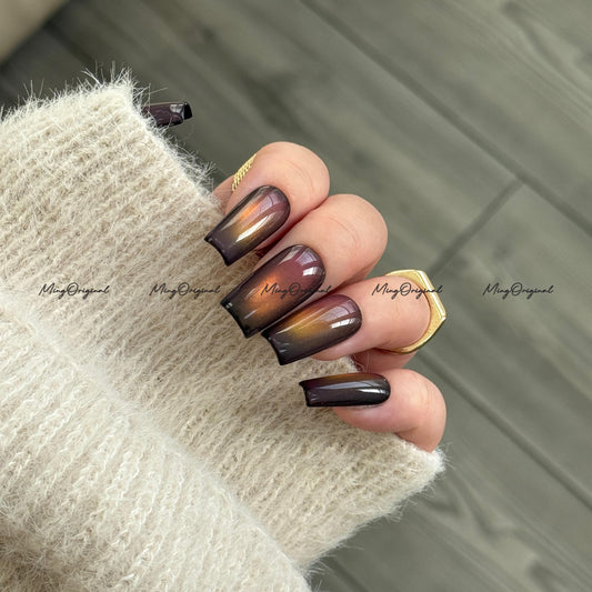Sunset Color Shifting Press-On Nails, Pink, Orange, Green, Yellow, Gold Gradient Glue on Cat Eye Nails, Black Nails, Reusable Nails, MO743