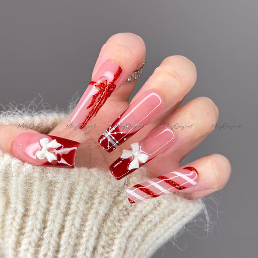 Christmas Vibe Press-On Nails, Red Bow Gift Wrap Nail Art, Holiday Glitter Candy Cane, French Tip Handmade Nude Festive Nails, MO722