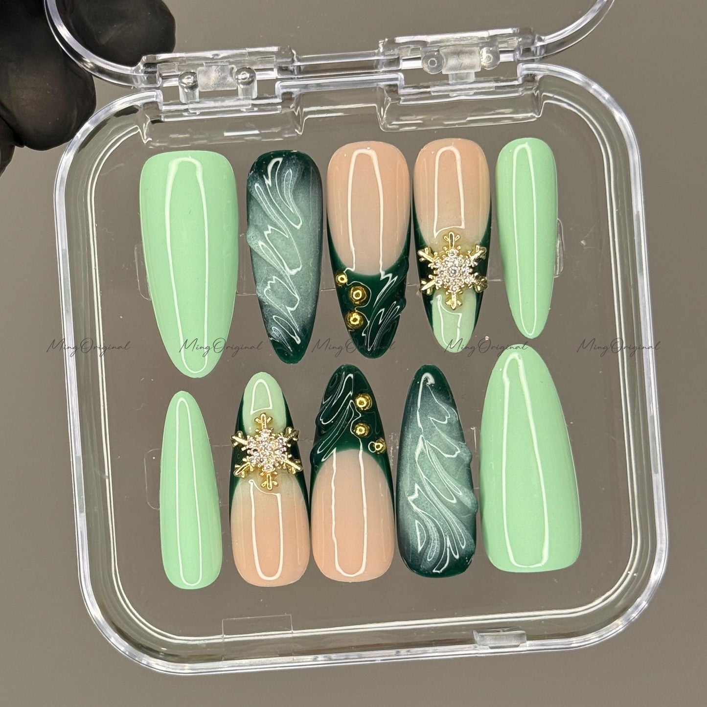 Green press-on nails, mint and nude nail art, gold snowflake rhinestones, winter holiday manicure, handmade gift for her, MO723