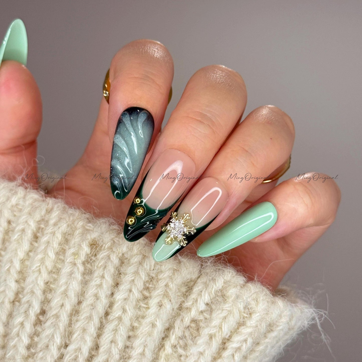 Green press-on nails, mint and nude nail art, gold snowflake rhinestones, winter holiday manicure, handmade gift for her, MO723