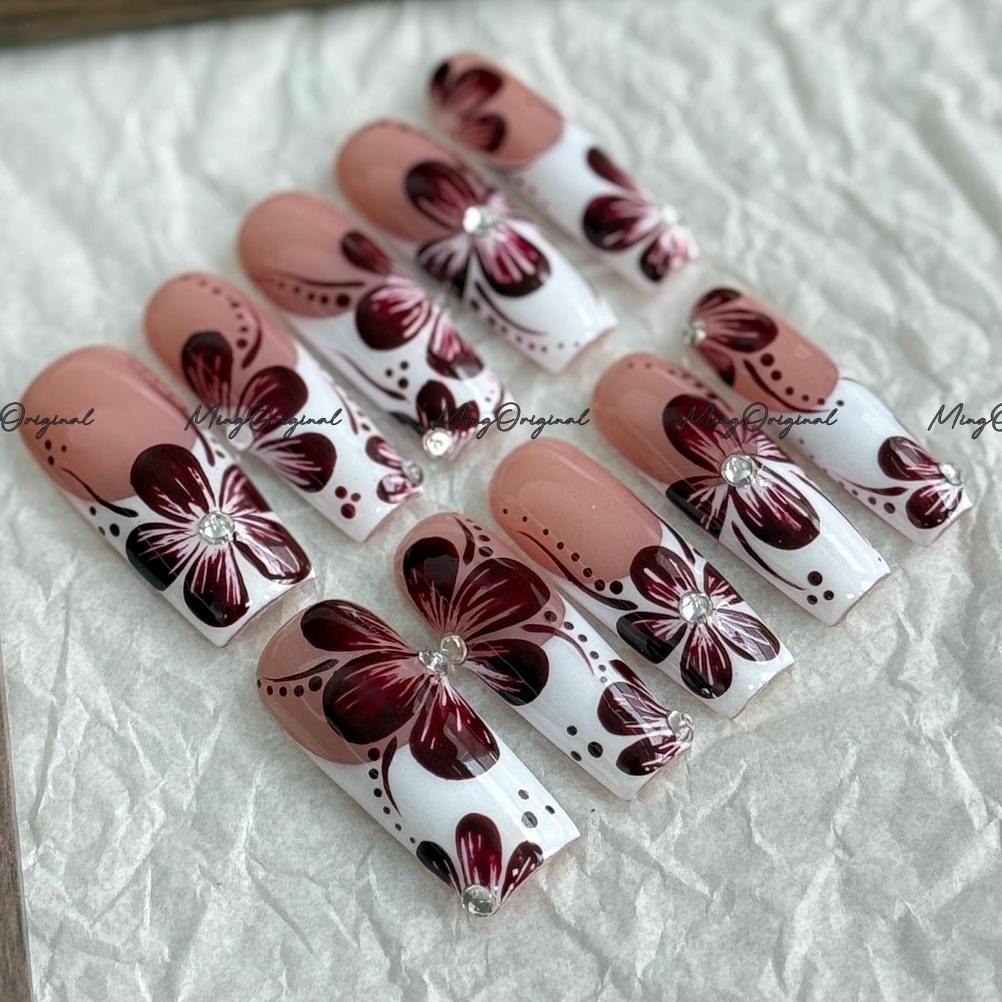 Burgundy Floral French Tip Press-On Nails, Burgundy Orchard Flower,| Rhinestone Accent, Handmade Elegant Nail Art, MO744
