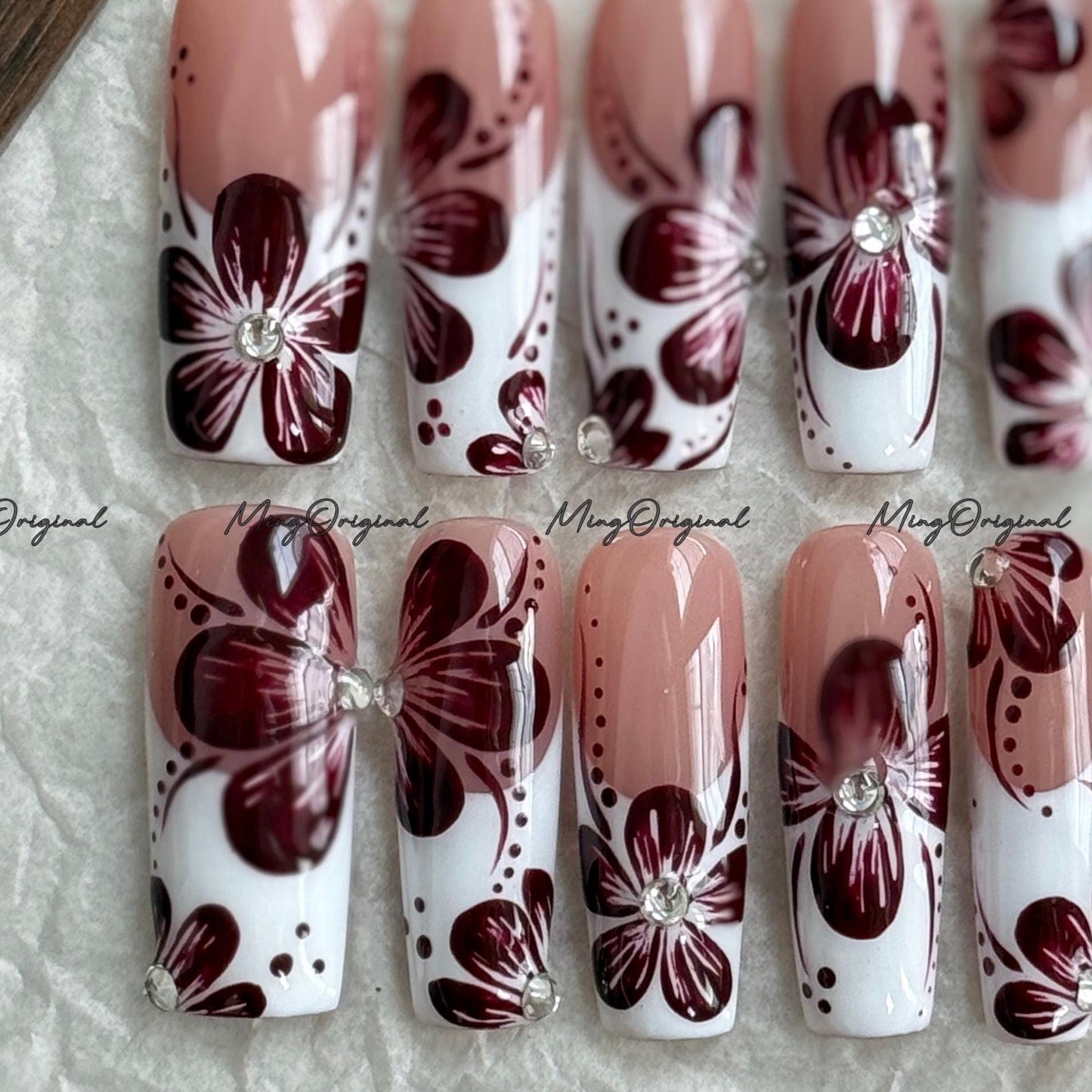 Burgundy Floral French Tip Press-On Nails, Burgundy Orchard Flower,| Rhinestone Accent, Handmade Elegant Nail Art, MO744