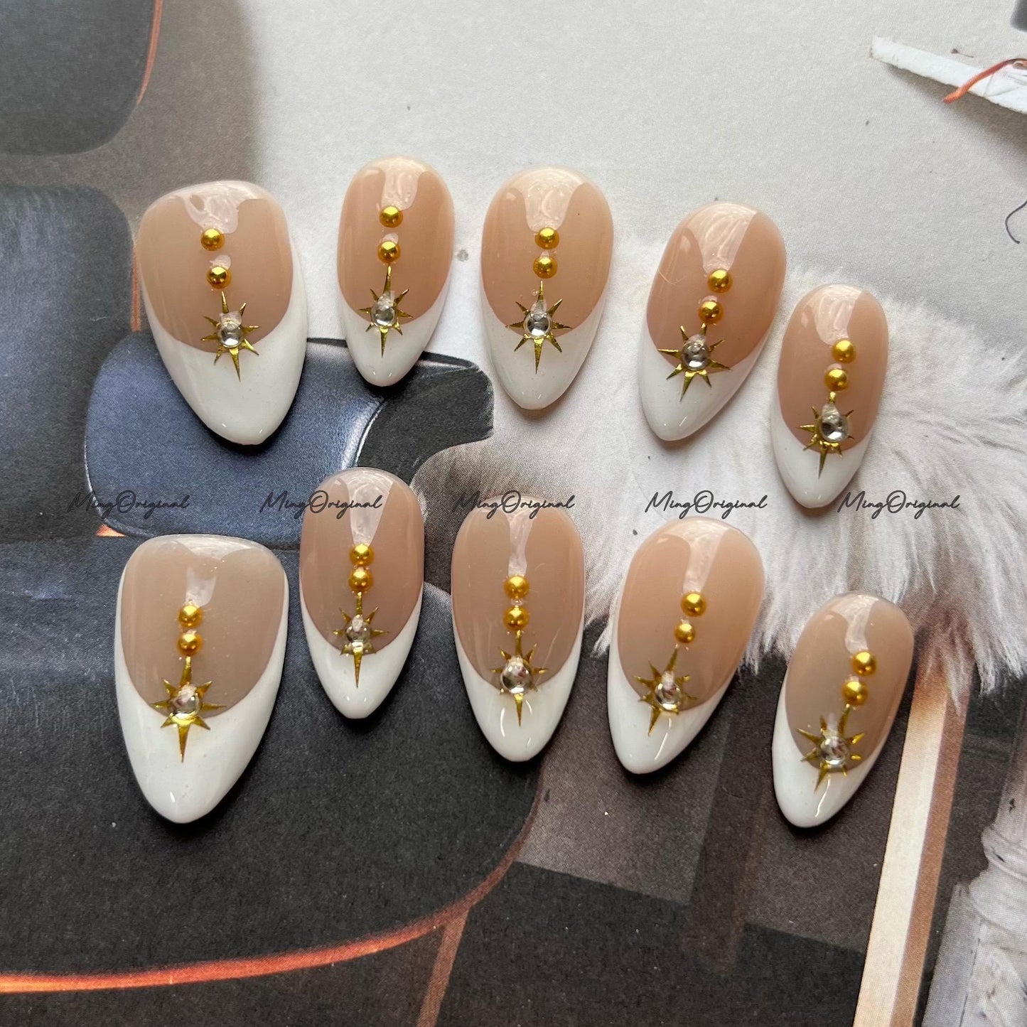 Nude French Tip Press-On Nails, Gold Starburst and Stud Accent, Handmade Elegant Nails for Everyday Glam, Reusable Nails, MO745