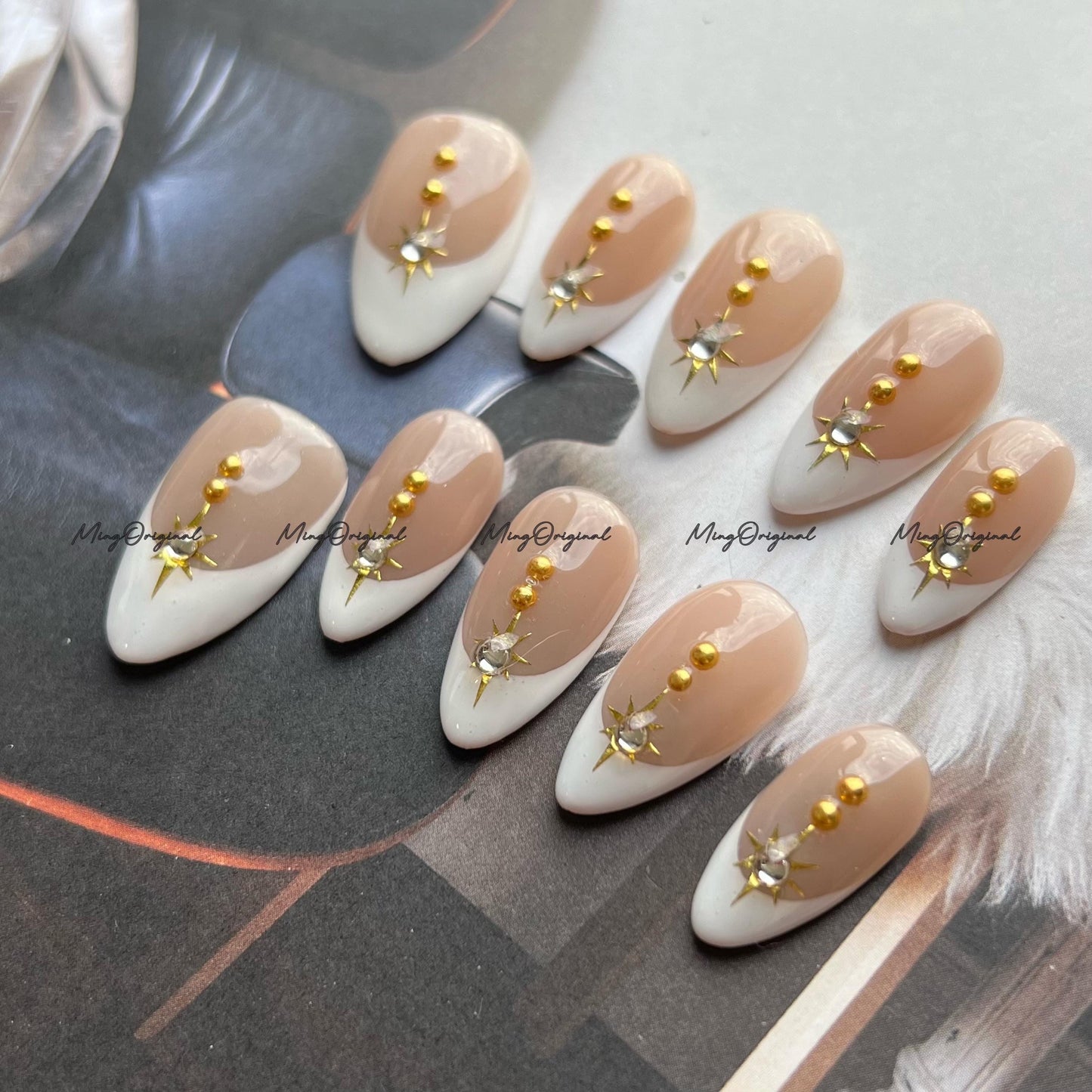 Nude French Tip Press-On Nails, Gold Starburst and Stud Accent, Handmade Elegant Nails for Everyday Glam, Reusable Nails, MO745