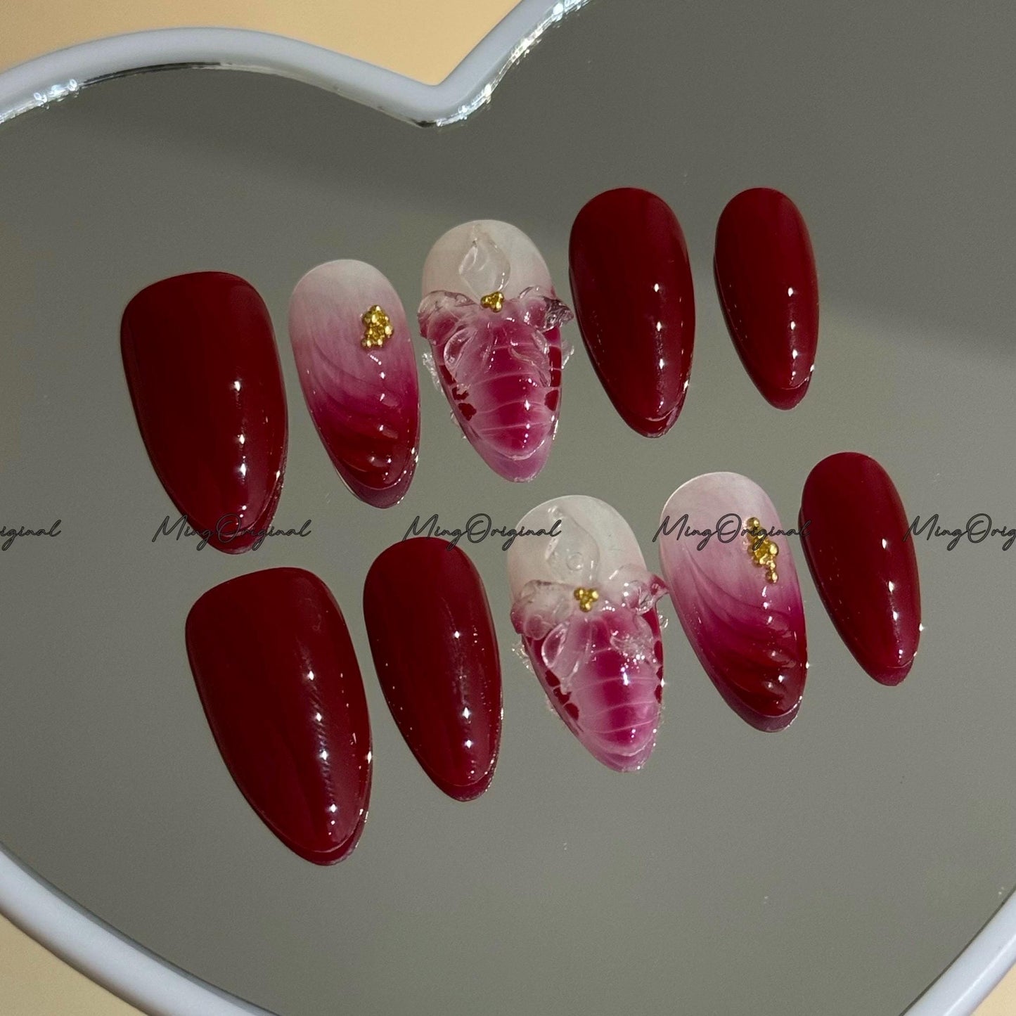 Burgundy Clear 3D Floral Press-On Nails, 3D Blossom Design with Gold Accents, Glue on Nails, MO755