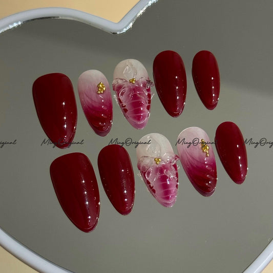 Burgundy Clear 3D Floral Press-On Nails, 3D Blossom Design with Gold Accents, Glue on Nails, MO755