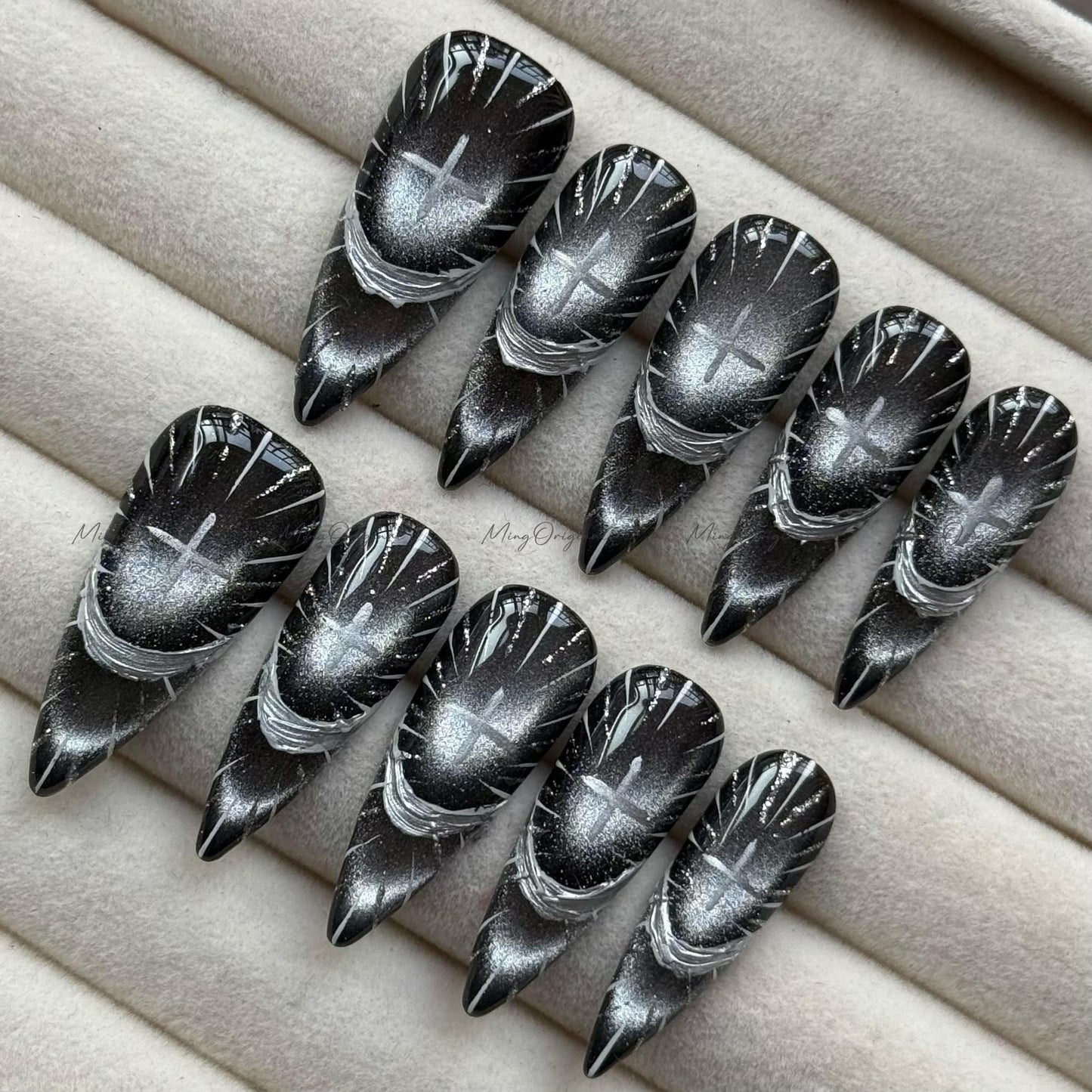 Divine Radiance Christmas press-on nails, black silver sunburst nail art, celestial cross design, handmade elegant nail, gift for her,MO725