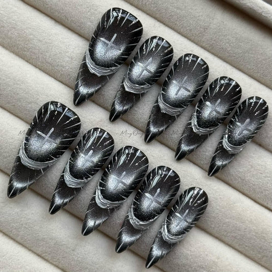 Divine Radiance Christmas press-on nails, black silver sunburst nail art, celestial cross design, handmade elegant nail, gift for her,MO725