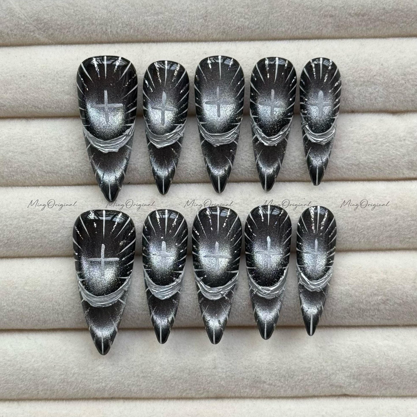 Divine Radiance Christmas press-on nails, black silver sunburst nail art, celestial cross design, handmade elegant nail, gift for her,MO725