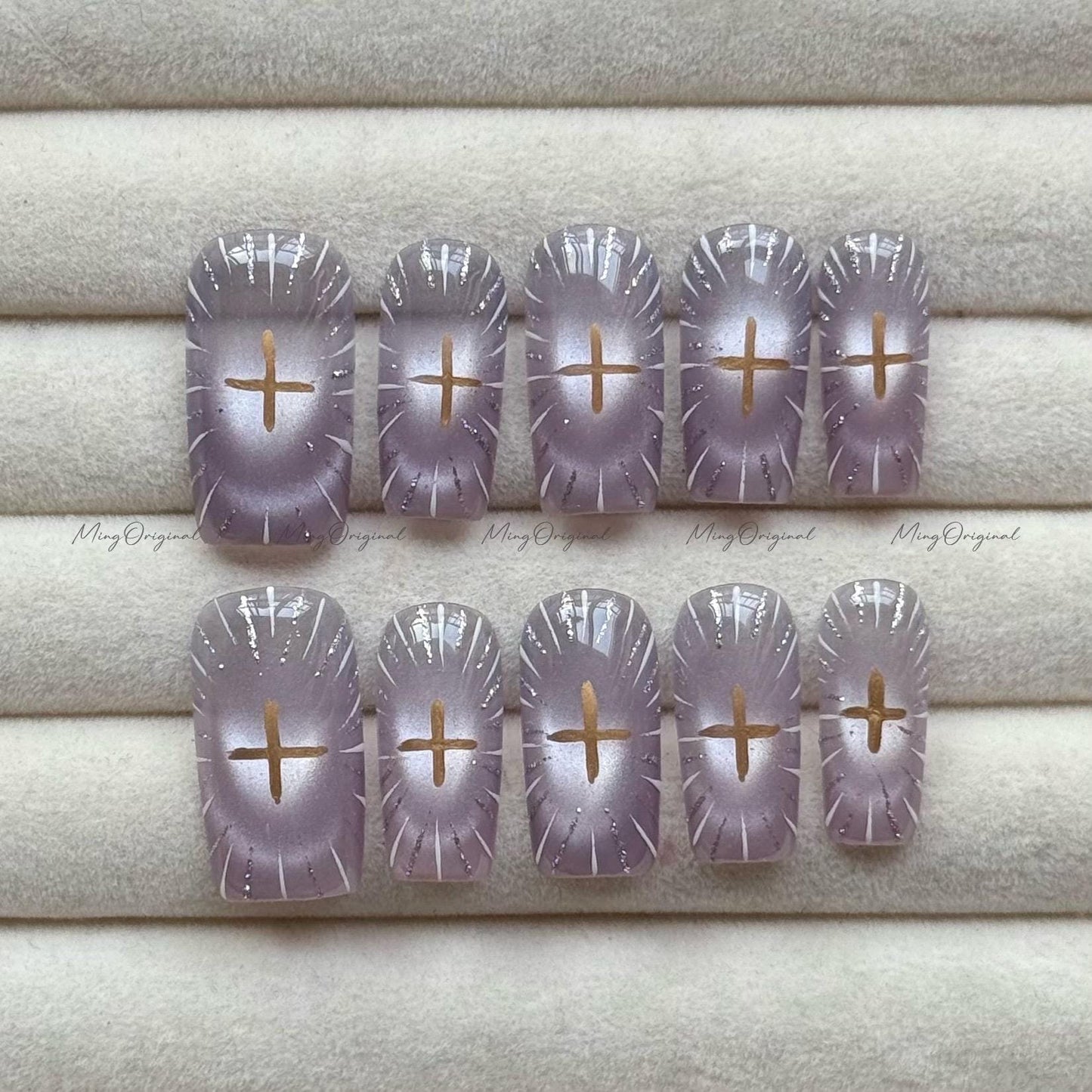 Divine Radiance Christmas press-on nails, purple cateye sunburst nail art, celestial cross design, handmade elegant nail, gift for her,MO726