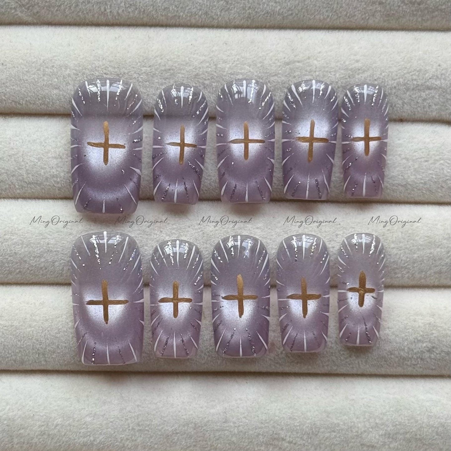Divine Radiance Christmas press-on nails, purple cateye sunburst nail art, celestial cross design, handmade elegant nail, gift for her,MO726