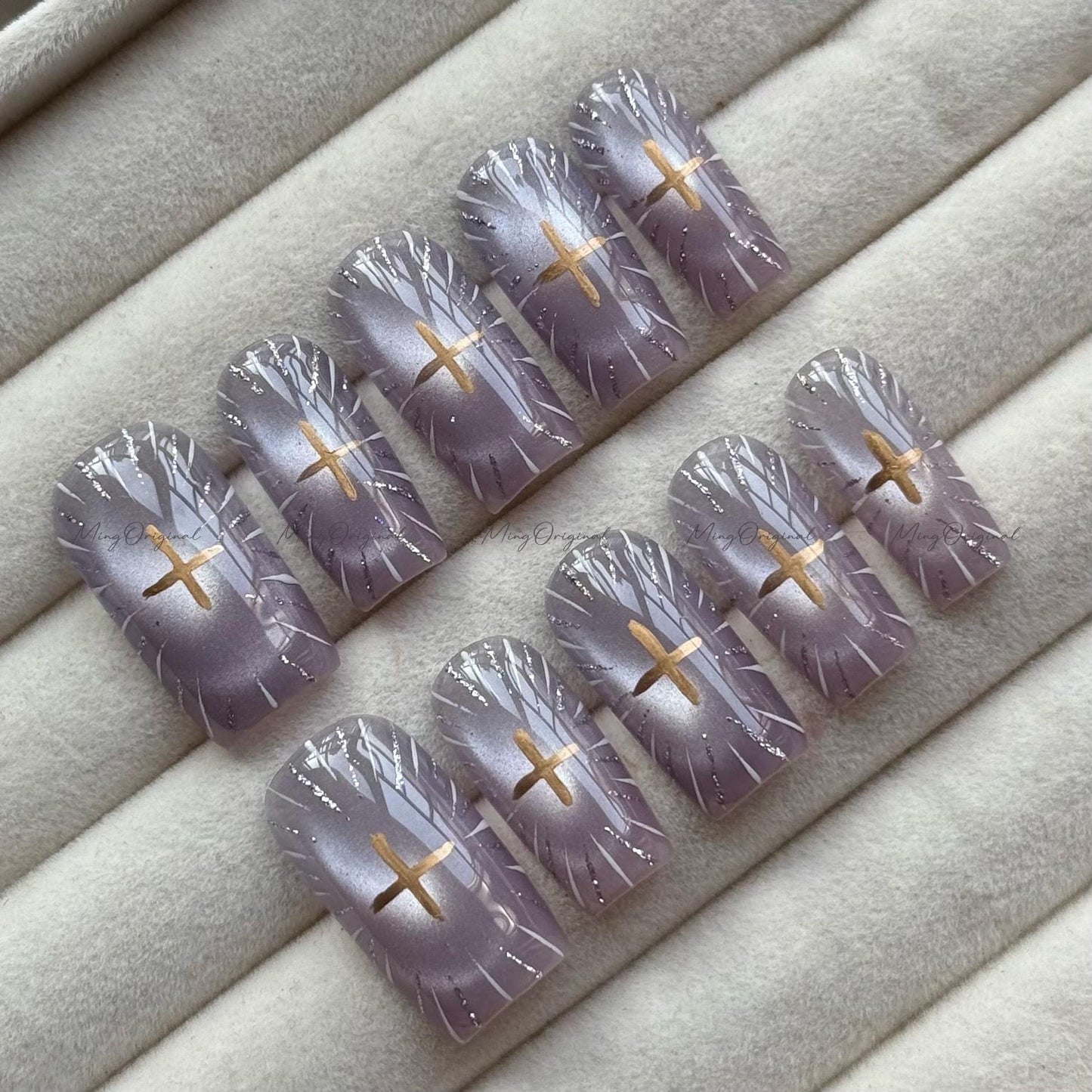 Divine Radiance Christmas press-on nails, purple cateye sunburst nail art, celestial cross design, handmade elegant nail, gift for her,MO726