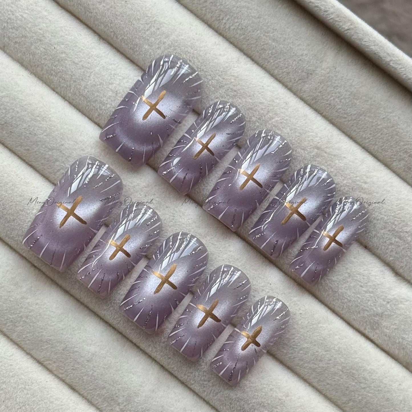 Divine Radiance Christmas press-on nails, purple cateye sunburst nail art, celestial cross design, handmade elegant nail, gift for her,MO726
