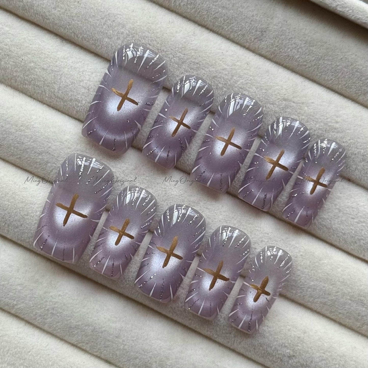 Divine Radiance Christmas press-on nails, purple cateye sunburst nail art, celestial cross design, handmade elegant nail, gift for her,MO726