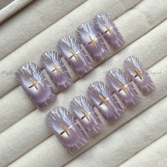 Divine Radiance Christmas press-on nails, purple cateye sunburst nail art, celestial cross design, handmade elegant nail, gift for her,MO726