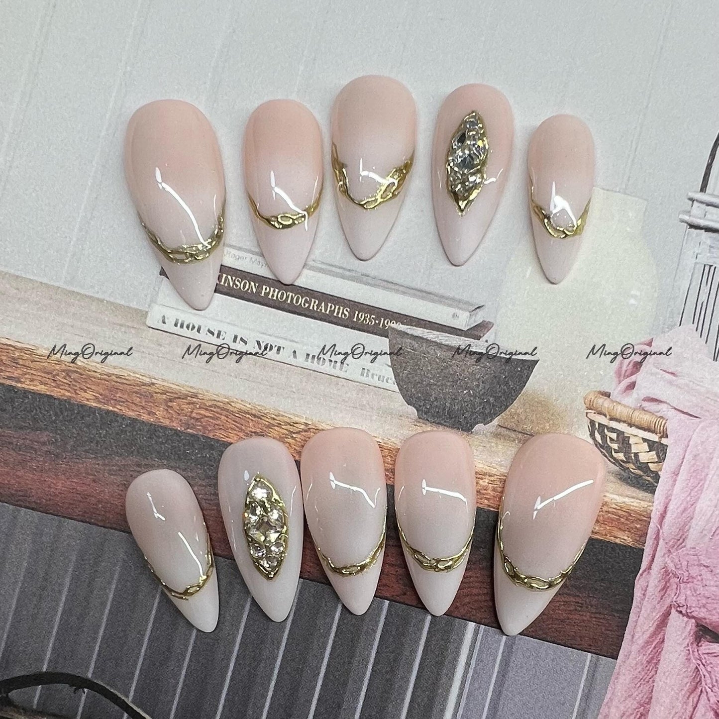 Nude French Jewel Press on Nails, Chrome with Rhinestone Fake Nails, Ombre Handmade Gel Nails, Jelly Nails, Reusable n\Nails, MO749
