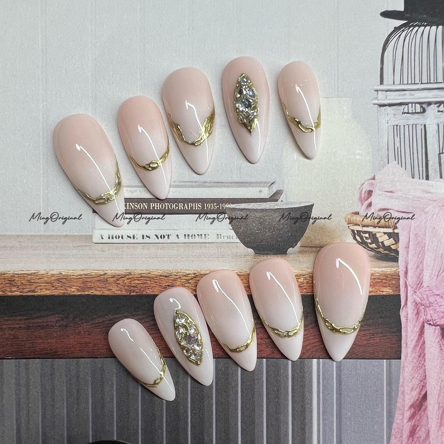 Nude French Jewel Press on Nails, Chrome with Rhinestone Fake Nails, Ombre Handmade Gel Nails, Jelly Nails, Reusable n\Nails, MO749