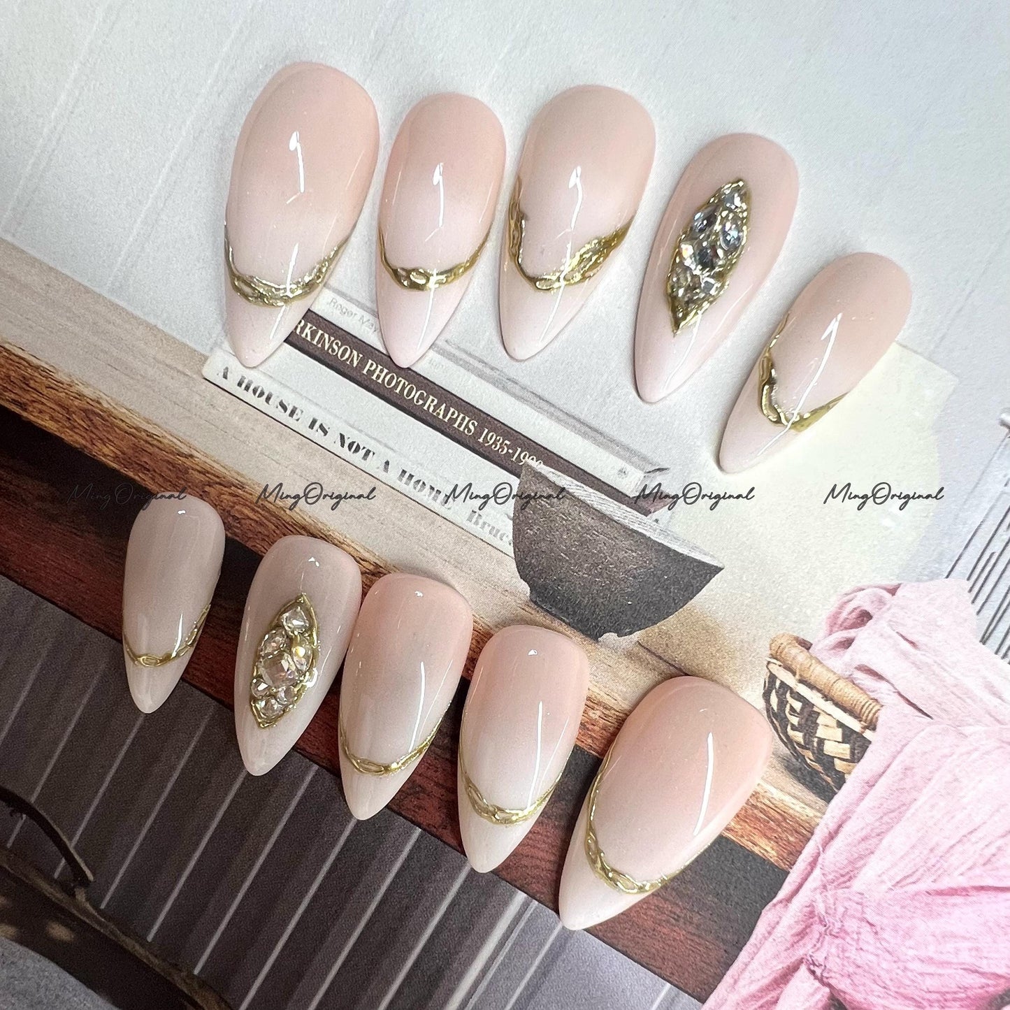 Nude French Jewel Press on Nails, Chrome with Rhinestone Fake Nails, Ombre Handmade Gel Nails, Jelly Nails, Reusable n\Nails, MO749