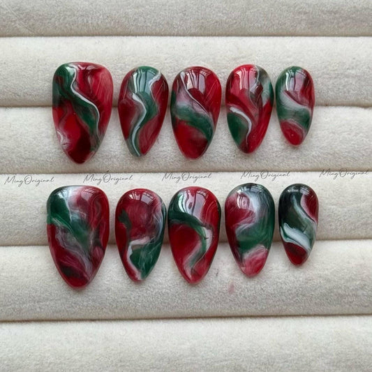 Christmas Marble Press On Nails, Red Green Swirl Nail Art, Glossy Blooming Art Nails, Handmade Holiday Fake Nails Xmas Gift Set, MO727