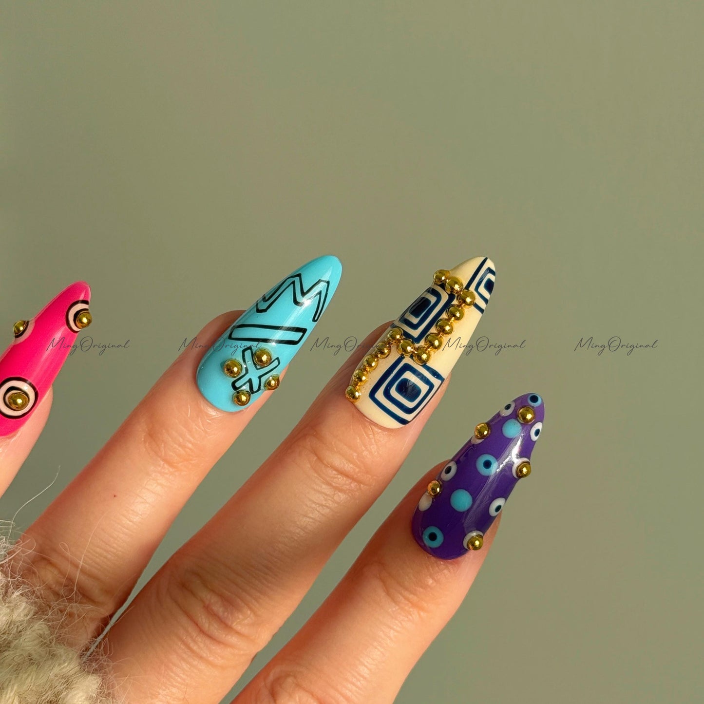 Bold Geometric Press-On Nails, Abstract Art Design with Gold Studs, Colorful Handmade Reusable Nails, statement nail, MO728