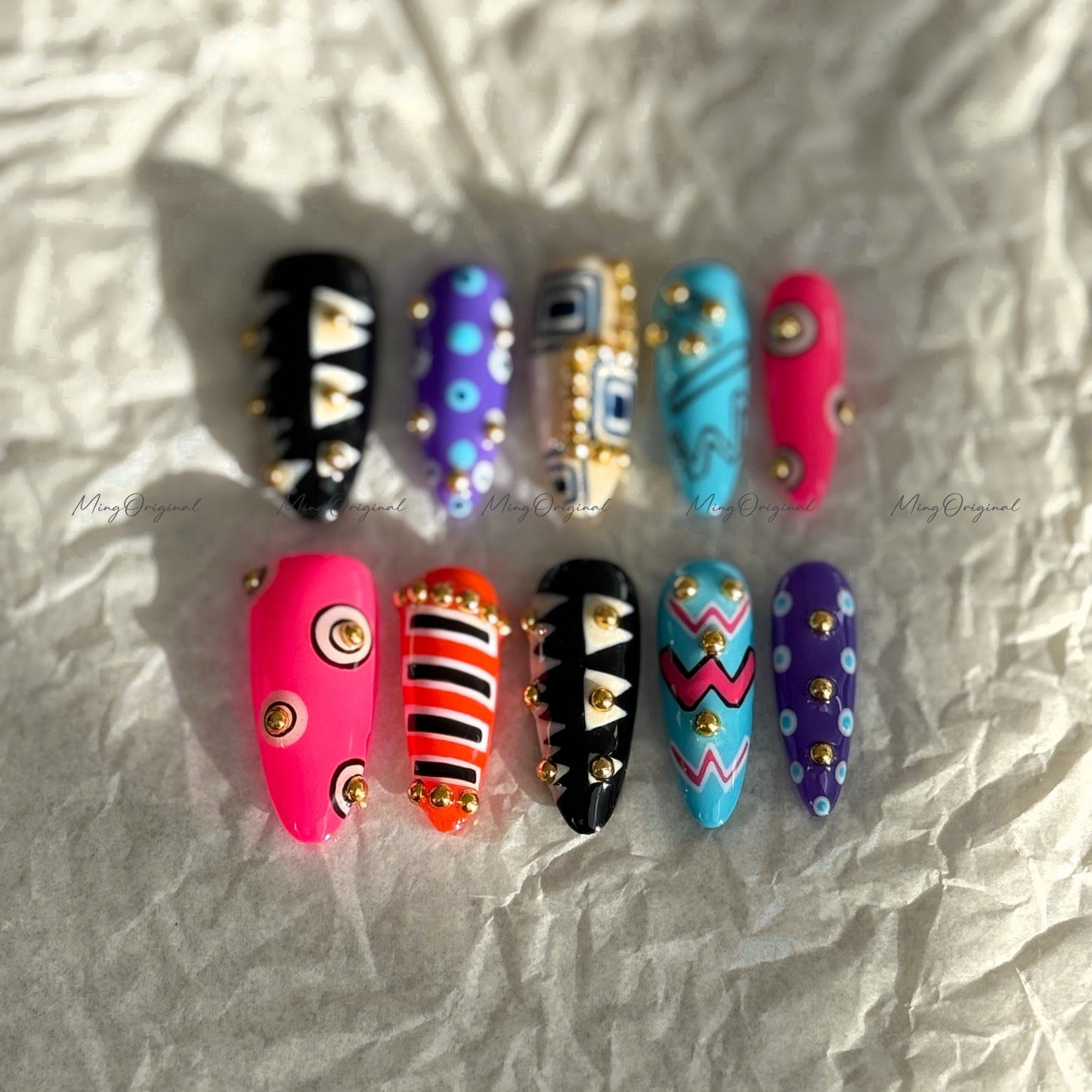 Bold Geometric Press-On Nails, Abstract Art Design with Gold Studs, Colorful Handmade Reusable Nails, statement nail, MO728